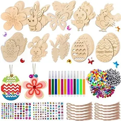 Produktbild von Holzanhänger Ostern Zum Bemalen, 264 Stück Ostern Basteln Kinder,Osterdeko Basteln Kinder,Osteranhänger Holz,Bastelset Ostern Kinder,Mit Aquarellstift,Strass,Deko Schnur, Augen Zum Basteln
