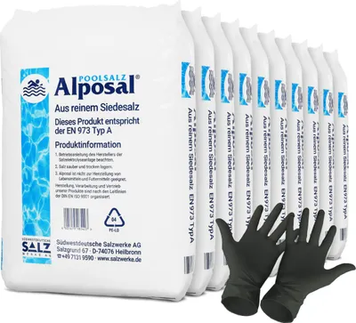Produktbild von Alposal Poolsalz 250 kg, Schwimmbadsalz, Chlorinator geeignet, Salzelektrolyse, Siedesalz inklusiv 1 Paar ARNOMED Einweghandschuh