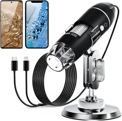 Produktbild von Digitales USB Mikroskop 50x–1600x mit 8 LED, Ständer, Foto & Video Funktion, kompatibel mit Android/iOS/PC