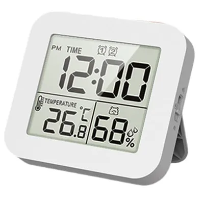 Produktbild von Digitaler Temperatur- & Luftfeuchtigkeitsmesser mit Uhr und Timer, LCD-Display, 12/24h, Countdown,2 Alarmzeiten, Weiß