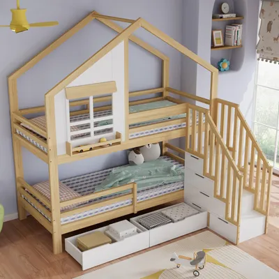 Produktbild von STILVORA Etagenbett 90x200 cm als Kinderbett mit 2 Schubladen auf Rollen, Hochbett mit Sicherheitsleiter und Handläufen, Holzbett Weiß+Natur