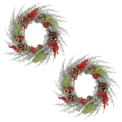 2er-Set Weihnachtskranz 50 cm, Kunstkranz mit Tannenzapfen, Rot