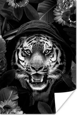 Produktbild von MuchoWow® Poster Tiger mit Kapuze zwischen Blumen - schwarz und weiß 20x30 cm - Papierdruck