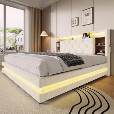 Produktbild von Zerbaco Polsterbett mit Bettkasten, 140x200 cm, Doppelbett, hydraulisch, mit LED-Beleuchtung, USB und Type-C, mit Lattenrost, Beige