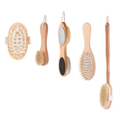 Produktbild von 5-teiliges Badebürsten Set aus Holz mit Rückenbürste für Peeling und Massage