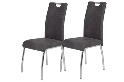Produktbild von Hela Tische, 2er Set Esszimmerstuhl, Vierfuß Stuhl Susi -Bezug Vintage Anthrazit - Lehne mit Griff -Rundrohr Metallgestell verchromt - 120kg belastbar