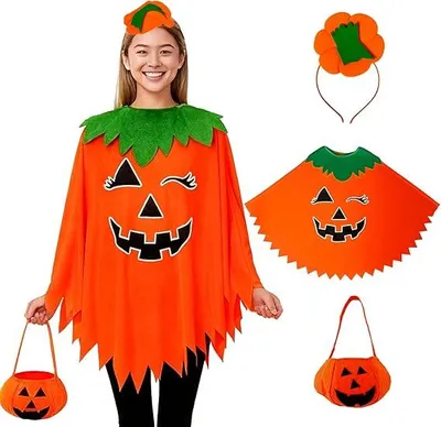 Immagine prodotto di Costume di Halloween con zucca per donna: outfit, accessori, mantello, cerchietto, borsa
