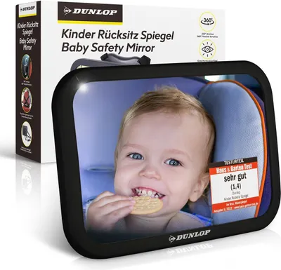 Produktbild von Spiegel Auto Baby Rücksitzspiegel - Bruchsicherer Rückspiegel von DUNLOP - 360 grad - mit Spanngurtsystem für alle Fahrzeugtypen