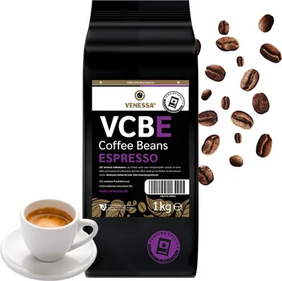 A bag of coffee beans and a cup of espresso.