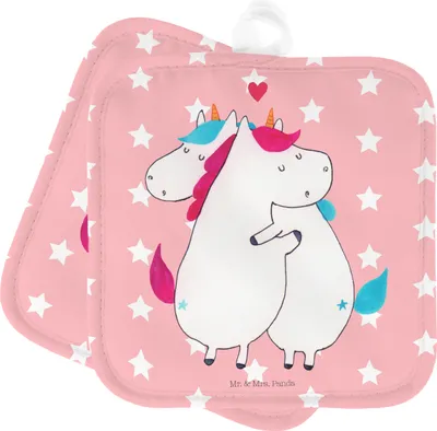 Produktbild von Mr. & Mrs. Panda Topflappen Einhorn Mitteilung - Rot Pastell - Geschenk, Topfuntersetzer, Valentinstag, Lustig, Ofenlappen, Unicorn, topfhalter, Set, Spruch, Kochlappen