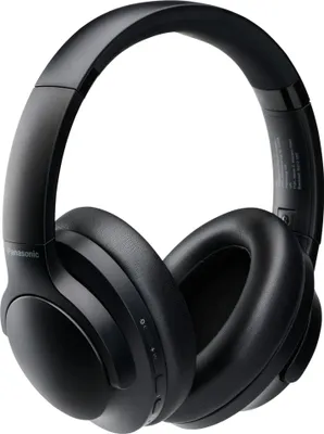 A black pair of Panasonic headphones shown from a side angle against a white background.