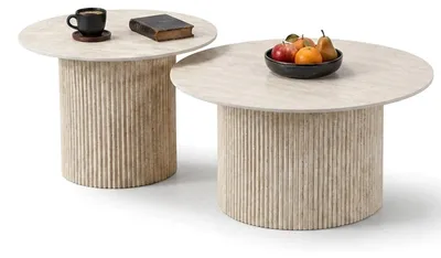 Produktbild von HOOZ® Couchtisch Keramik rund 2er Set – zusammenschiebbar – Satztisch mit Trommel Gestell für Wohnzimmer Marmoroptik, Traventin Optik 80 & 60cm