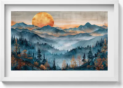 Produktbild von Abstrakte Sonnenlandschaft über Bergen und Wäldern– Wandbild mit Rahmen – Gerahmtes Bild  – Wanddekoration – 60x40 cm –  Schwarz Rahmen