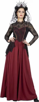 A woman wearing a gothic-style costume, including a long dress and a crown with a veil.