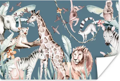 Produktbild von MuchoWow® Poster Wasserfarben - Dschungel - Tiere - Jungen - Blau - Kinder 30x20 cm - Plakate - Print