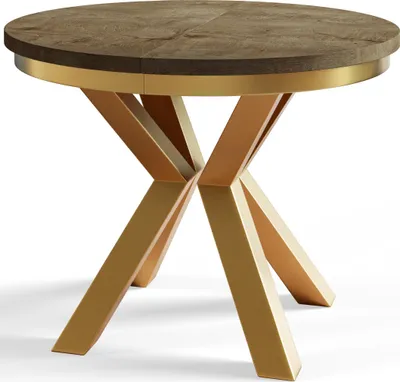 Immagine prodotto di Tavolo rotondo per sala da pranzo LOFT, diametro tavolo allungabile: 100 cm/180 cm, colore tavolo da soggiorno: marrone scuro, con gambe in metallo color oro