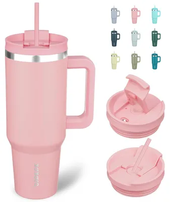 Imagen del producto de Taza aislante con asa y pajita, 1200 ml, de acero inoxidable, color rosa claro, ideal para camping
