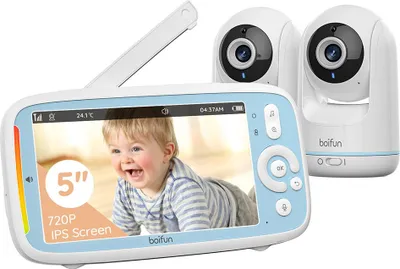 Produktbild von Babyphone mit 5,0-Zoll-Bildschirm, wiederaufladbarer 3050-mAh-Akku, 3 Zoom, Geräuscherkennung, VOX, Nachtsicht, ohne WLAN, zwei Kameras
