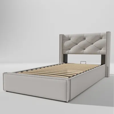 Produktbild von Flieks Polsterbett 90x200cm mit Lattenrost, Hydraulisches Boxspringbett mitStauraum, Einzelbett mit Bettgestell Stauraumbett Funktionsbett, Hellgrau