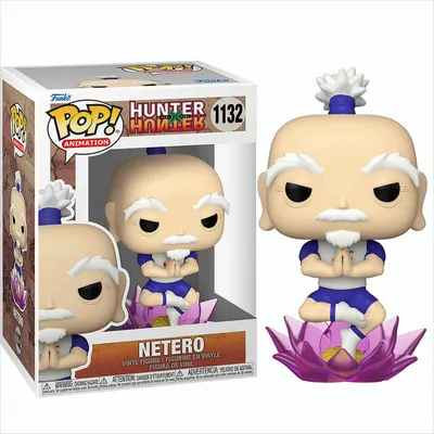 A Funko Pop! vinyl figure of Netero from Hunter x Hunter, shown both in its packaging and outside of it.