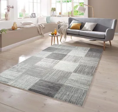 Image de Tapis design à carreaux, beige et gris, dimensions : 80 x 300 cm
