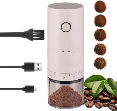Produktbild von Tragbare Kaffeemuehle mit 38 Mahlgradeinstellungen und Kontrollleuchte, 5-Klingen-Keramik-Kegelmahlwerk, Ein-Knopf-Start und Auto-Stopp, tragbare elektrische Espressomuehle mit wiederaufladbarem Akku, 120 ml transparenter, herausnehmbarer Pulverbehaelter