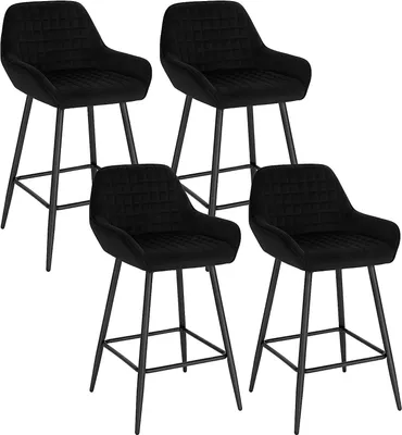 Four black bar stools are arranged in a grid on a white background.