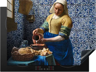 Produktbild von KitchenYeah© Herdabdeckplatte Milchmädchen - Delfter Blau - Vermeer - Gemälde - Alte Meister , 71x52cm, Küche Deko, Glaskeramikkochfeld Herdabdeckung, Abdeckplatte fùr Kochfeld