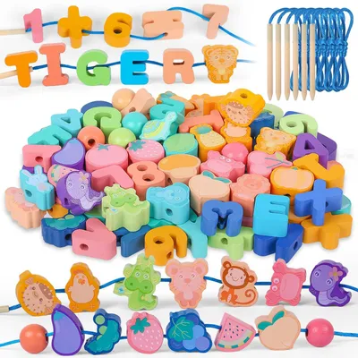 Produktbild von 96 Holzperlen zum Aufreihen – Spielzeug – Montessori-Perlen – Aufreihspiel für Kinder – Puzzlespielzeug – Lernspiel
