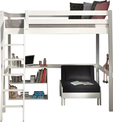 Produktbild von Hochbett >PINO< in Kiefer massiv weiß lackiert - 209x190x215 (BxHxT)