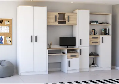 A modern bedroom or study furniture set, including a wardrobe, desk with computer, and shelving unit.