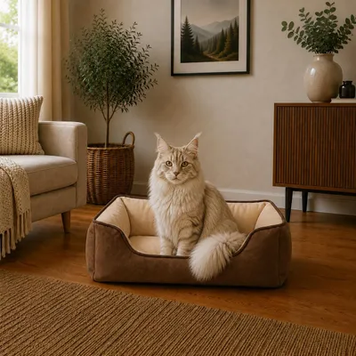 Produktbild von belviona Katzenbett, wendbares Katzenkörbchen mit 2-in-1 Funktion, weich gepolstert & pflegeleicht, 80x60 cm, braun/beige