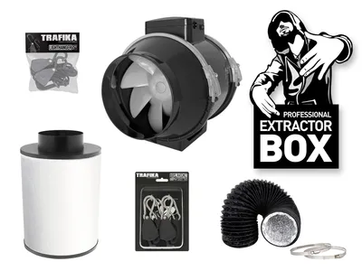 Produktbild von TRAFIKA Extractor KIT 125mm/250m3h Abluftset für Growbox – Rohrventilator 100mm, Aktivkohlefilter, Flexibler Schlauch & Schlauchschellen – Komplettset