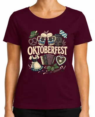 Produktbild von Wiesn Maßkrug Dirndl Brezel Trachtenshirt Lederhose Damen T-Shirt, Burgundy, L