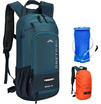 Productafbeelding van Fietsrugzak 10 liter, geschikt voor mountainbike, met helmnet en regenbescherming, blauw, inclusief drinkzak