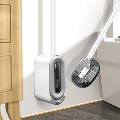 Produktbild von WC Bürstengarnitur Mit Selbstschließendem Deckel, Klobürste Wandmontage,Toilettenbeckenhalter und Extra Langem Stiel, Toilettenbürste mit Nylonborsten