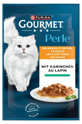 Productafbeelding van GOURMET Perle, verfijnde vleesstrepen voor katten, natvoer, met konijn, 26 x 85g