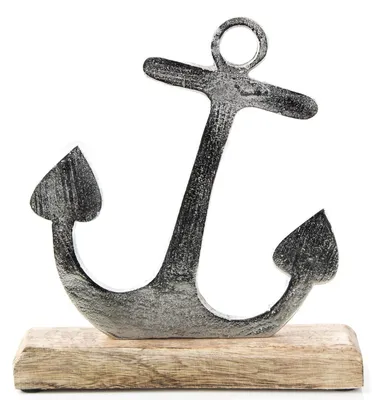 Produktbild von Grauer maritimer Deko Anker aus Metall auf Holzsockel - 23 cm - zum Hinstellen