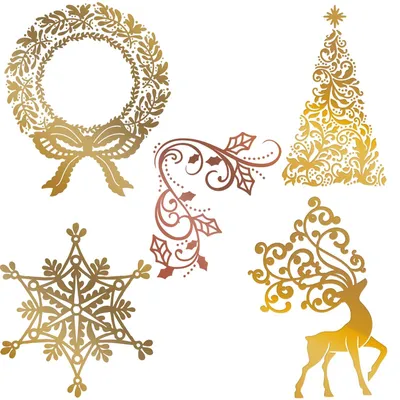 5er Set Heißfolienplatten Weihnachten, Elche, Schneeflocken, Baum, Kranz