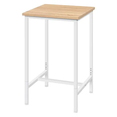 A high-angle studio shot of a bar table with a light wood top and white metal legs.