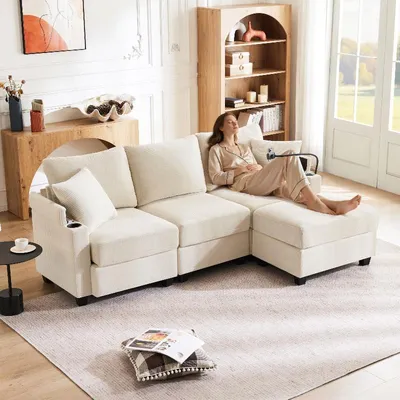 Productafbeelding van Eckbank Cord Beige, 3-zits bank met hocker en armleuningtafel, L-vormige bank met USB-aansluiting en bekerhouder, 213,5x139x87 cm