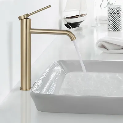 Obrázek produktu pro Baterie umyvadlová, vysoká, nerezová ocel, kartáčovaná, zlatá barva, model PTMP01LG