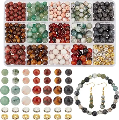 Produktbild von Famanu Edelsteinketten Set 520 Teile - 14 Stile mit 6/8 mm runden Perlen und Eisen-Strass-Abstandshaltern