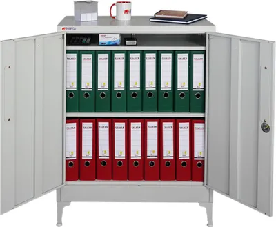 Produktbild von Flügeltürenschrank ELEPHANT mit Beinen & 2 Türen, abschließbar | HxBxT 103x80x40cm | 3 Ebenen | Stahl mit Pulverbeschichtung | Lichtgrau | Mehrzweckschrank Büroschrank Aufbewahrungsschrank