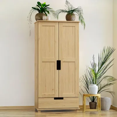 Produktbild von Schmaler Kleiderschrank | 2 Drehtüren | 1 Schublade | 4 Fächer | mit Kleiderstange | 80 cm breit | Massivholz | Farbe: Natur