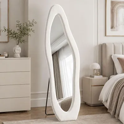 Immagine prodotto di INONEFT Specchio da trucco a figura intera, design irregolare, 160 x 50 cm – uno specchio da trucco moderno con cornice rivestita in flanella e supporto in metallo, vetro temperato