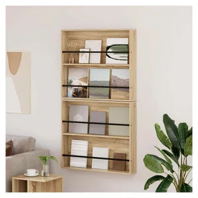 Produktbild von Zeitschriftenhalter aus Holzwerkstoff - Wandmontage, Sonoma-Eiche, 2 Regalbretter, 80x12x70 cm