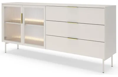 Image de Selsey Lumi - Buffet 2 portes avec vitres, 3 tiroirs et éclairage LED, couleur gris cachemire, 181 cm