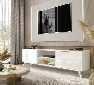 Produktbild von lukmebel TV-Schrank, Weiß Hochglanz, 180 cm, 2 Türen, Push-to-Open, Kabelöffnung, geräumige Nischen, nach unten öffnende Fronten