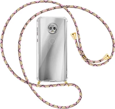 Produktbild von Handykette Backcover-Schutzhülle mit Band (Metall goldfarben) für Motorola Moto G6 - rosa Karo